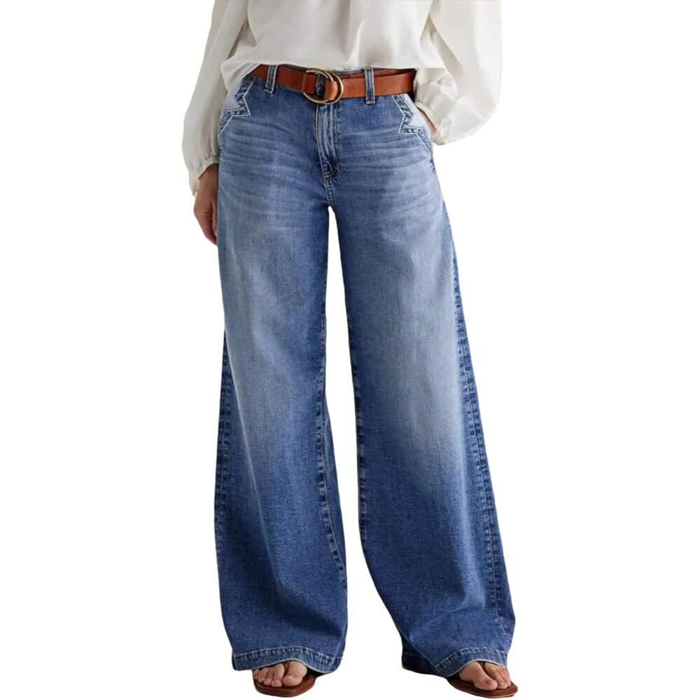 Wide Leg Jeans Women Cotton Blend Mid Waist Baggy Denim Wash Stylish